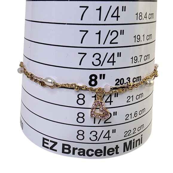 Gold Tone Pink Heart Charm Pearl Beaded Double Strand Bracelet Jewelry‎ - Picture 4 of 5
